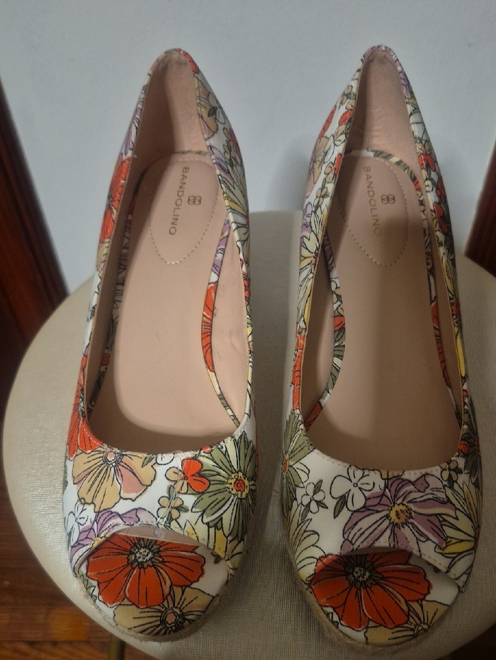 Bandolino Floral Peep-Toe Wedges in Cream with Orange and Purple Accents